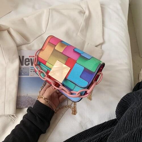 Women Colorful Puzzle Print Shoulder Bag Soft PU Leather Square Crossbody Bag Female Acrylic Chain Small Tote Bags Lock Purses