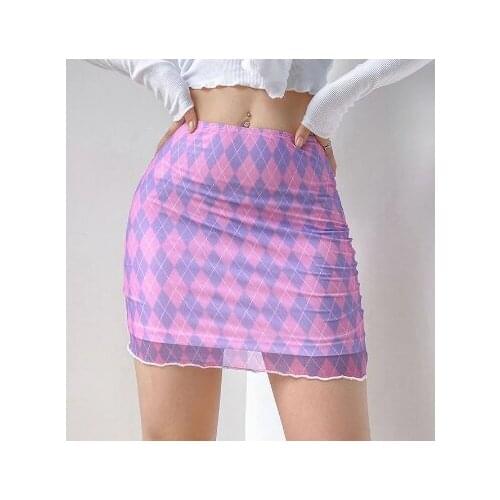Womens Mesh Bodycon Mini Skirt Classic Argyle Print High Waist Short Pencil Skirt