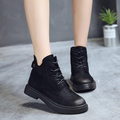 2018 women ankle riding boots shoes winter autumn warm black solid round toe square heel cross tied lace up fashion female shoes