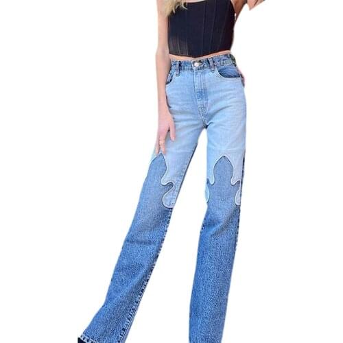 Women Fashion Jeans, Color Block Flame Pattern Patchwork Pants Vintage Denim Trousers