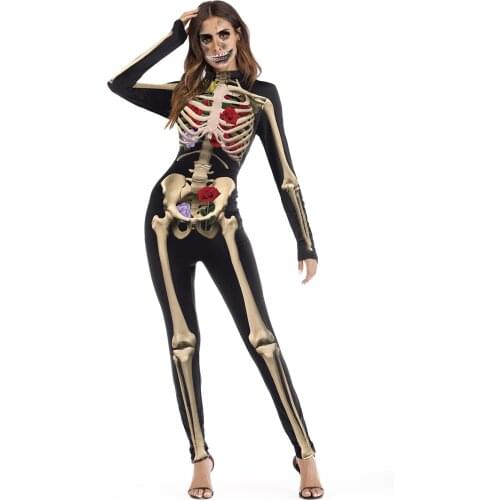 Halloween Rose Flower Skull Skeleton Cosplay Prints Playsuit Overalls Tights Fitness Women Jumpsuits