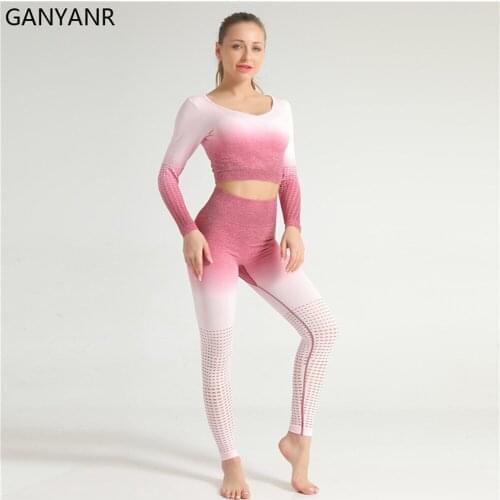 GANYANR Yoga Set Women Gym Clothes Fitness Workout Jogging Suit Sportswear Tracksuit Seamless Leggings Activewear Sweat Bodysuit