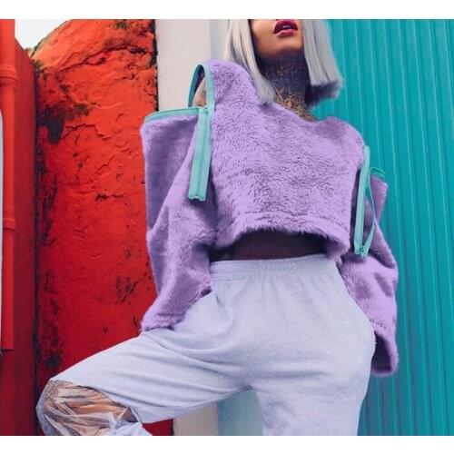 Women Sweaters Soft Plush Autumn Winter Sexy Short Sweater Thick Warm Faux Fur Pullover Off shoulder zipper Tops streetwear