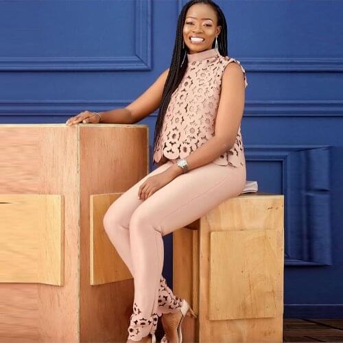 Africa Two Piece Set Women Sexy Sleeveless High Neck Lace Hollow Out Crop Top+Bodycon Long Pants Elegant Office Party Outfits