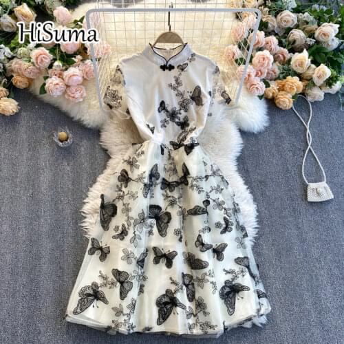 2021 spring new women Cheongsam collar butterfly embroidered gauze fairy A-line dress female Chic elegant waist mesh dresses