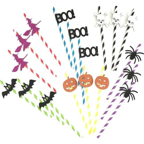 10pcs Halloween Horror Spider Skull Pumpkin Bat Witch BOO Paper Drinking Straw Halloween Decoration DIY Straws Photo Props