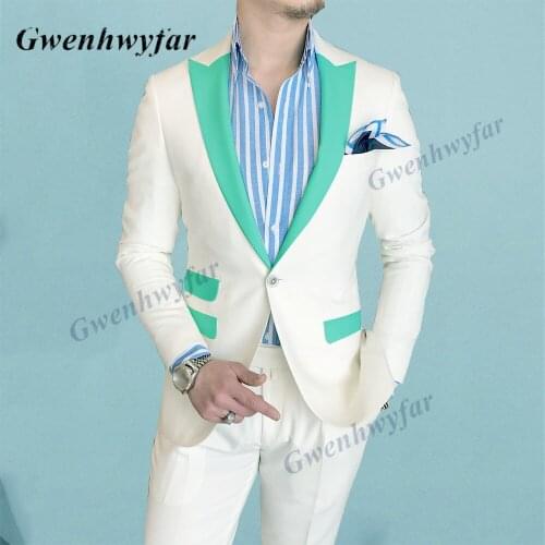 Gwenhwyfar 2021 Summer Peacock Green Lapel Pocket Flaps Men Suits White Costume Groom Tuxedos for Wedding Best Man Party Sets