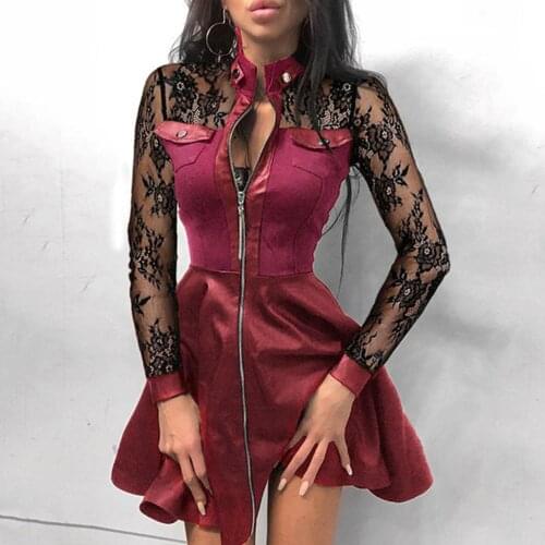 40# Women Sexy Fashion Lace Dresses Females Mesh Patchwork Zipper Design Gothic Dresses Leather Dress Ladies Dress Белое Платье