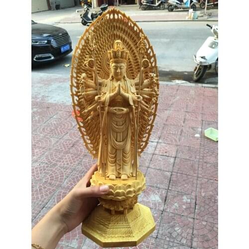 43CM LARGE TOP WOOD CARVING ART HOME TALISMAN BLESS SAFE GOOD LUCK THOUSANDS HANDS GUANYIN BUDDHA HAND BOXWOOD CARVING STATUE