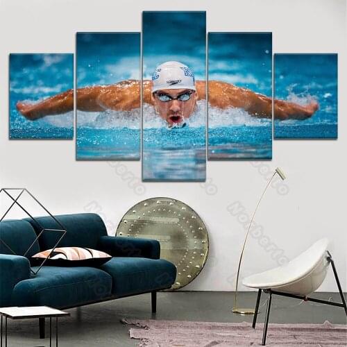 5Pcs Hd Printed Canvas Painting Wall Poster World-Famous Swimming Athletes Michael Phelps Poster for Home Rooms Wall Decoration