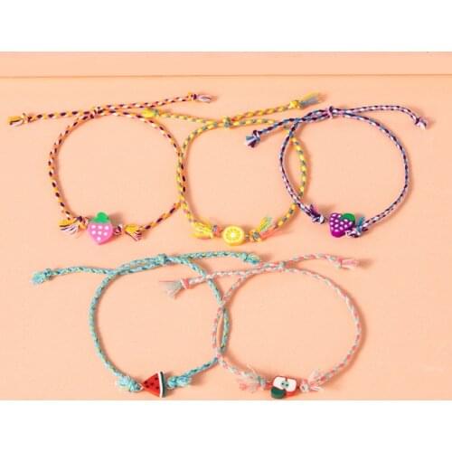5Pcs/Set Mixed Hand-Woven Fruit Shape Polymer Clay Bracelet Adjustable Elastic Soft Pottery for Female Bracelet Jewelry Gift