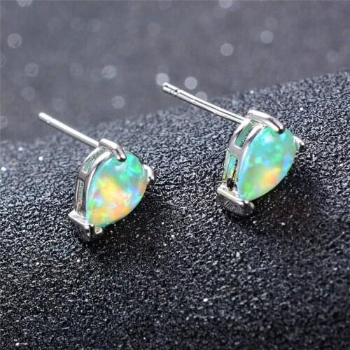 Cute Water Drop Green Opal Earrings Female Boho Silver Color Small Stud Earrings Vintage Fashion Wedding Earrings For Women Gift