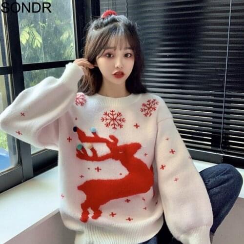 Sweet Cute Elk Pullover Christmas Sweater Women 2020 Autumn Winter O-Neck Long Sleeve Knitted Sweater Korean Clothes Jumper Girl