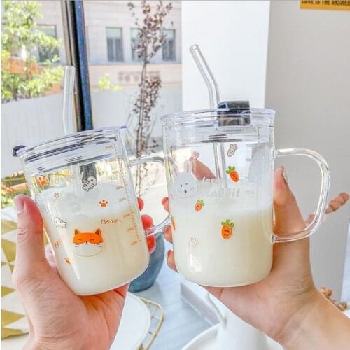 Cartoon Animal Glass Water Cup With Scale With Lid Simple Cute Milk Cups With Straw Breakfast Water Bottle