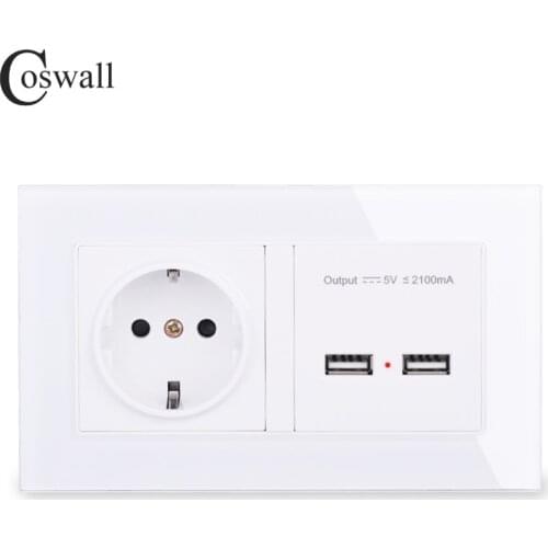 COSWALL Wall Socket EU Standard Power Outlet With Dual USB Smart Induction Charge Port For Mobile 2.1A Crystal Glass Panel