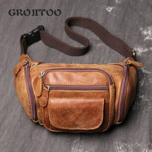 GROJITOO new mens leather sports waist bag womens frosted leather chest bag top layer cowhide Single Shoulder Messenger Bag