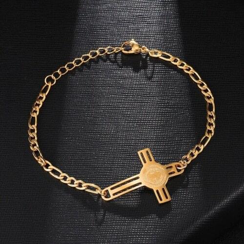Wholesale Jewelry -- ( 23 cm * 23 mm ) Stainless steel Gold Color Cross Figaro Bracelets Jewelry For Men No Fade