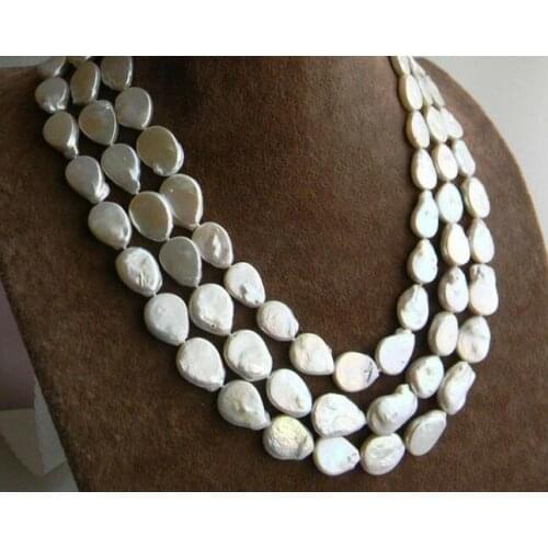 3row 18" 13mmx17 mm White Baroque Coin Freshwater Pearl Necklace