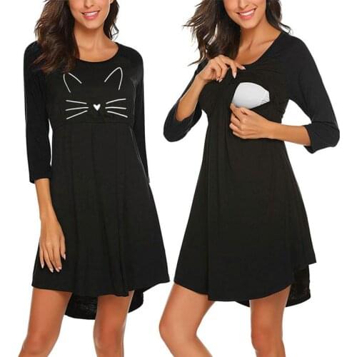 Maternity Nursing Pajamas Nightgown 2020 Cute Cat Breastfeeding Dress Vestidos Pregnant Women Nightwear Breastfeeding Sleepwear