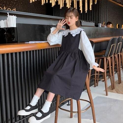 Girls Dresses Black Strap White Shirt Two-piece Set Autumn Fashion Long-Sleeved Casual Princess Dress Childrens Clothing Kids