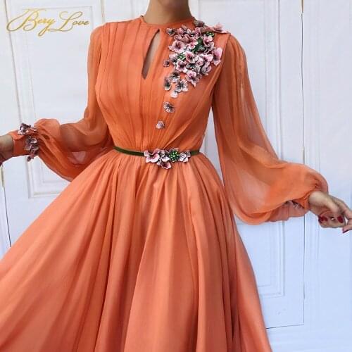 3D Flower Prom Dresses Scoop Illusion Lantern Sleeves Evening Dresses Delicate Blet Orange Tulle Robe de soirée