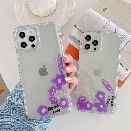 Korea Cute Purple Flower Quicksand Transparent Phone Case for iPhone 12 Pro Mini 11 Max XR XS X 8 7 Plus Shockproof Back Cover