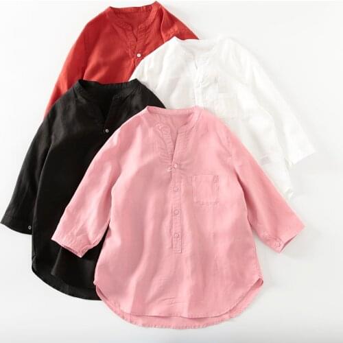 Stand collar 3 / 4 sleeve white shirt ramie blended V neckline pullover shirt cotton ramie womens clothing 2021 summer 353