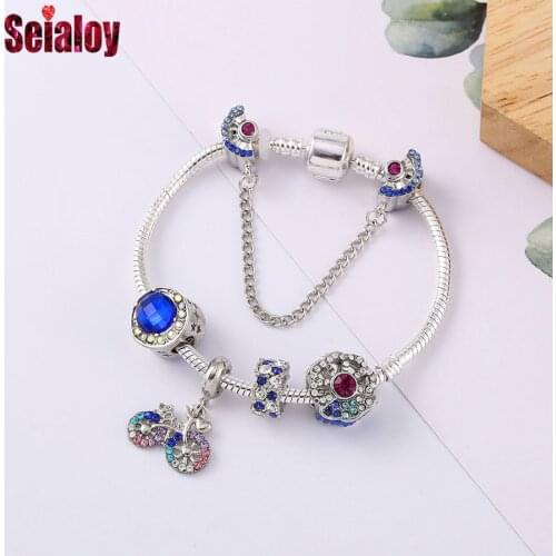 Seialoy Blue And Pink Fan Beaded Charm Bracelets For Women Men Original Shiny Crystal Bicycle Pendant Bracelet Wife Jewelry Gift