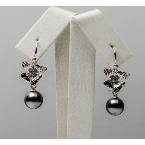 Free Shipping Black Gray Real Tahitian Sea Cultured Pearl Hook Drop Earrings 925 Silver 8.7mm