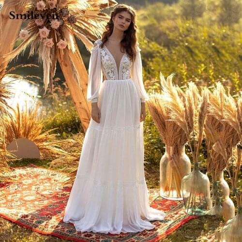 Smileven 2021Chiffon Bohemian A Line Wedding Dresses Puff Sleeve Lace Bridal Gowns Sexy V Neck Robe De Mariee Wedding Gowns