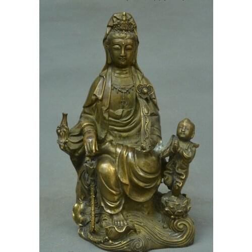 Old China Buddhism Bronze Free Kwan-yin Guan Yin Tong zi Boy Boddhisattva Statue