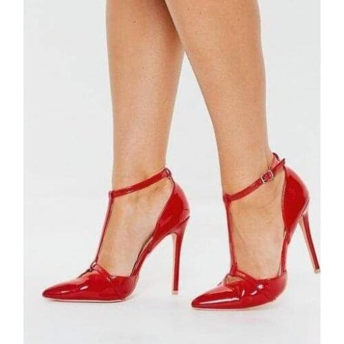 Stylish Red Patent Leather T Bar Pump Women Shoes Pointed Toe Ankle Strap Wedding Shoes Bride Low Cut High Stiletto Shoes