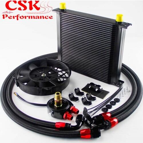 AN10 Universal 34 Row ENGINE Oil Cooler + FILTER ADAPTER +7" Electric Fan Kit BK