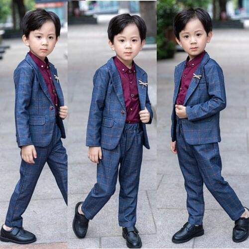 Spring Autumn Childrens Plaid Suit Set Boys Host Show Wedding Party Costume Kids Plaid Blazer Pants 2pcs Clothing Set
