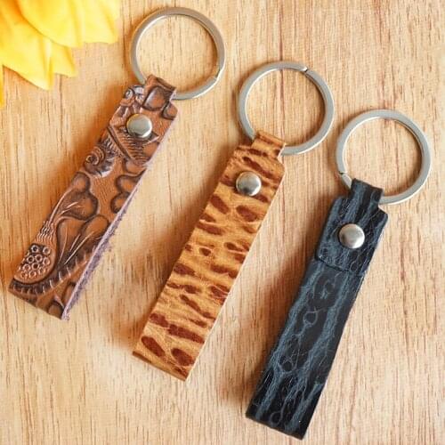 Vintage Embossed Pattern Genuine Leather Handle Keychains Key Ring
