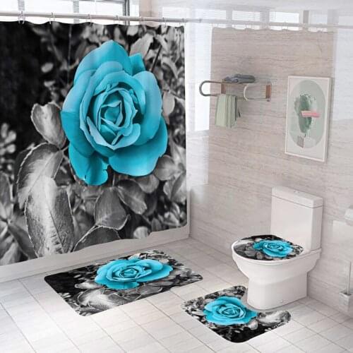 Waterproof Bathroom Shower Curtain Set with 12 Hooks Toilet Seat Bath Mats and Rugs Non-slip Carpet Toilet Covers