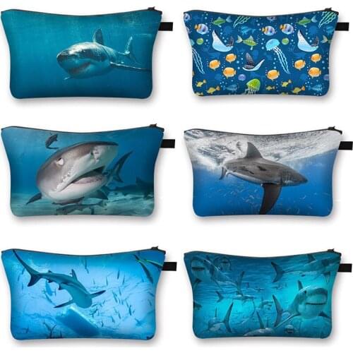 Sharks Underwater Fishes Print Cosmetic Bag Pouches For Girl Cute Makeup Bag Ladies Zipper Pouchs Storage bag For Travel