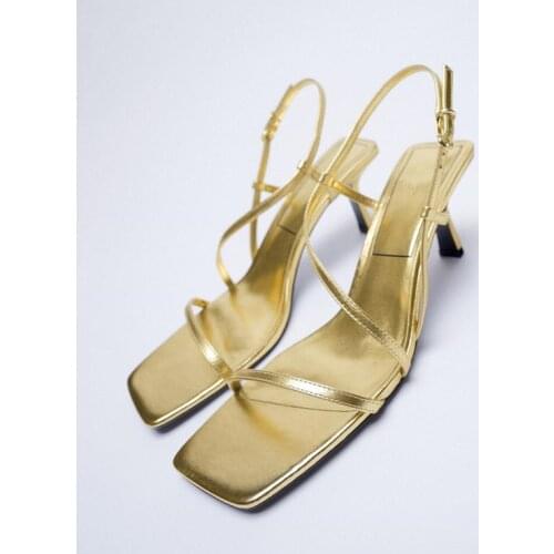 Womens Sandals 2021 New Gold Square Toe Buckle Open Toe Stiletto Roman Womens Shoes Stiletto Sandals