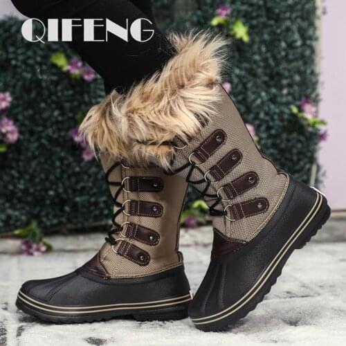 Women Snow Boots fashion Winter Outdoor Boots Female Snow Boots Plush Keep Warm Lace-Up Casual Trendy Knee High Boots Mid-Calf