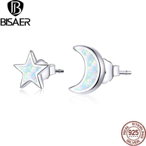 Opal Earrings BISAER 925 Sterling Silver Moon And Star Shape Women Stud Earrings for Women Elegant Opal Silver Jewelry ECE875