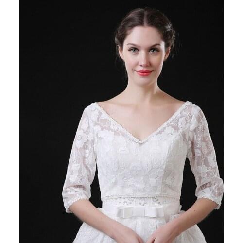 JaneVini Half Sleeves Wedding Cape Bridal Jackets Lace V Neck Wedding Dress Stoles Button Women Wrap Bride Coat White Boleros