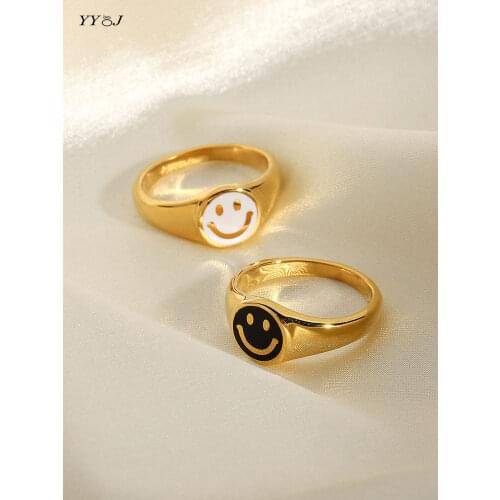 Happy smile face enamel rings for women stainless steel black white signet rings for best friends friendship couple cute jewelry