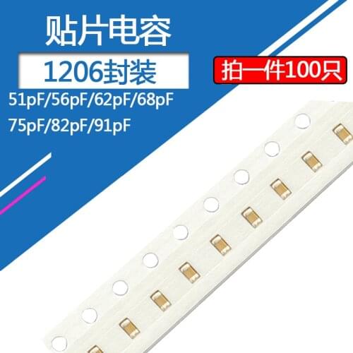 100pcs/lot 1206 chip capacitors 51pF 56pF 62p 68pF 75pF 82pF 91pF NPO 50v