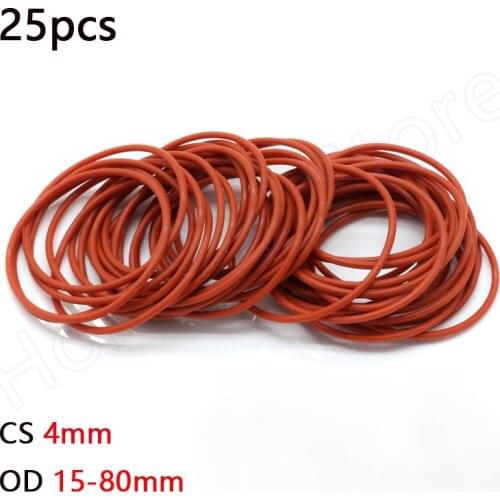 25pcs Red VMQ O-Ring Washer OD 15-80mm Food Grade Silicone Ring Gasket CS 4mm Waterproof And Insulated