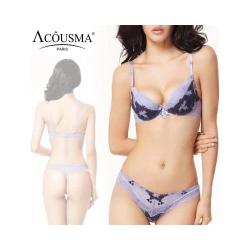 ACOUSMA Women Sexy Bra and Panty Set Floral Lace Bowknot 3/4 Cup Push Up Female Lingerie With Seamless T Back Thongs 8 Colors