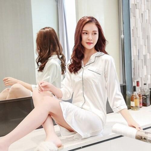 White Women Nightgown Satin Silky Sleep Shirt Female Nightshirt Casual Sleepwear Summer Thin Night Dress Loose Home Wear