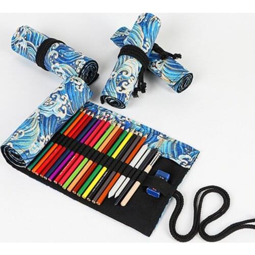 Canvas 72 Holes Pencil Case School Supplies Art Pen Bag Pouch Student Pen Wrap Roll Makeup Cosmetic Brush Pen Storage Stationery