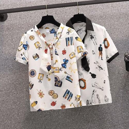EHQAXIN 2021 Summer Large Size Womens Shirt Fashion New Personality Hand-Painted Group Pattern Short Sleeve Chiffon Tops L-4XL