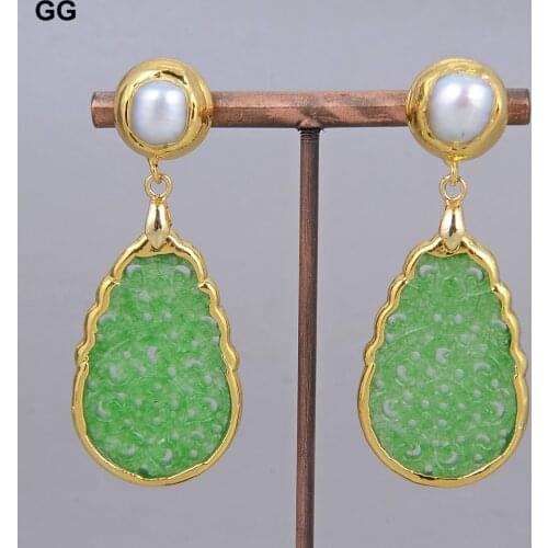 GuaiGuai Jewelry Natural Cultured White Freshwater Pearl Green Jades Carved Dangle Earrings Party Jewelry For Women Girl