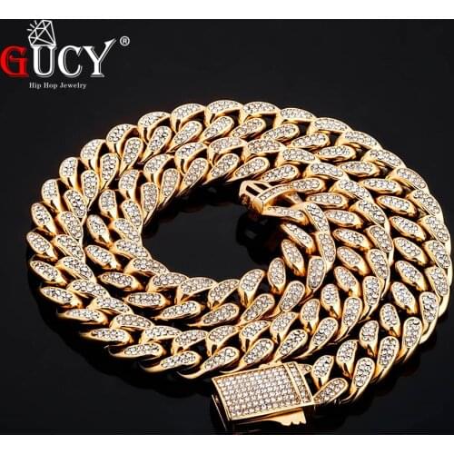 GUCY Iced Cubic Zirconina Cuban Chain Necklace Mens Hip hop Jewelry Stainless Steel Bling High Quality Miami Necklace